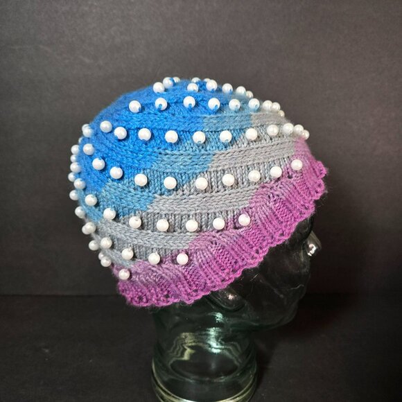 Handmade Knit Hat Faux Pearl Pink & Blue Swirl Design Warm Winter Cap Wool Blend - Picture 3 of 7